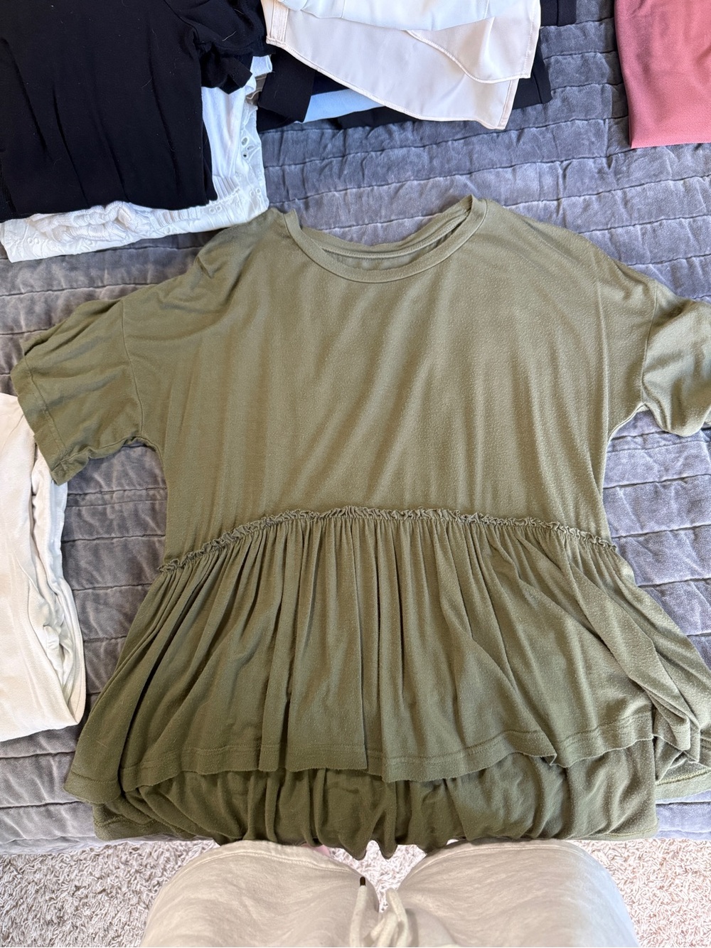 Olive Ruffle-Hem Short Sleeve Women’s Top